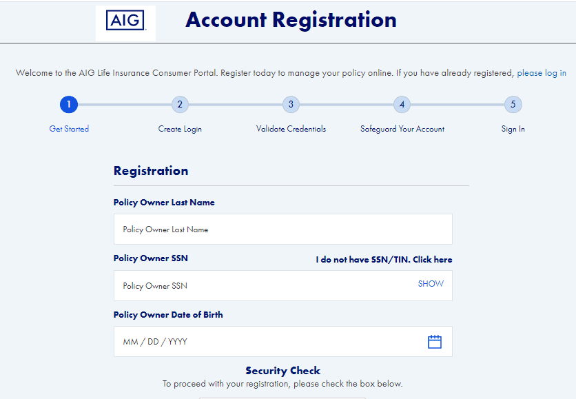 AIG Account Registration